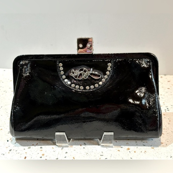 Vintage Betsey Johnson‎ Black Patent Leather Crystal DICE Clasp Clutch Purse - Picture 10 of 10